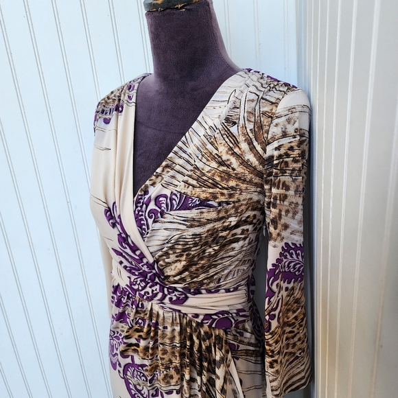 Boston Proper Dress Paisley Leopard Floral Purple Tan Stretch Faux Wrap Zip 6 - Picture 4 of 15
